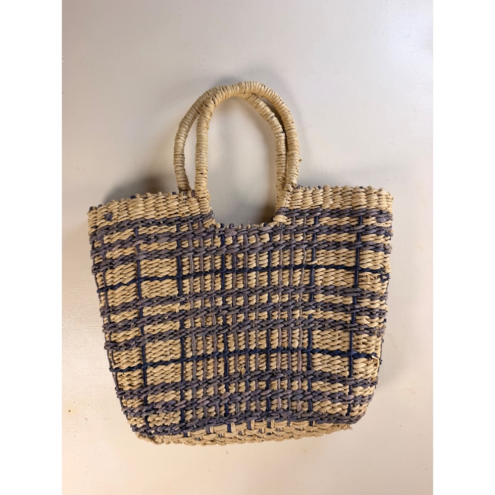 Faded Glory Woven Tote Bag Women Medium Tan Excellent Plaid Straw Corn Husk